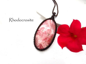 Rhodocrosite macrame necklace, heart chakra, gemstone pendant, jewelry trends, gift ideas for therapists, pink gemstone, gifts for her