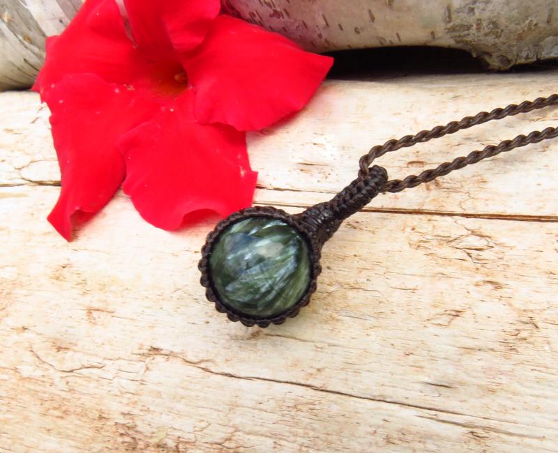 Valentines Day Gift, Seraphinite sphere necklace, macrame necklace, macrame jewelry, gemstone jewelry for women, for men, angel necklace