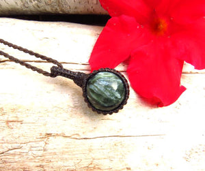 Valentines Day Gift, Seraphinite sphere necklace, macrame necklace, macrame jewelry, gemstone jewelry for women, for men, angel necklace