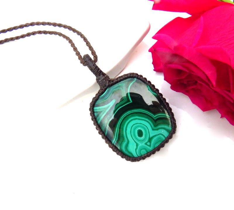 Malachite macrame necklace, statement gemstone necklace