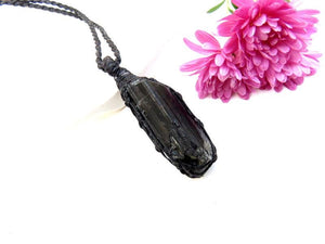 Black Tourmaline crystal macrame necklace, tourmaline crystal, gift ideas for the crystal collector, handmade gifts, self gifts, for her