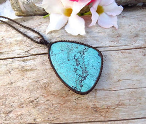 Cloud Mountain Turquoise macrame necklace, Hubei Turquoise jewelry, turquoise statement neckace, gift ideas for the boho beauty, for her