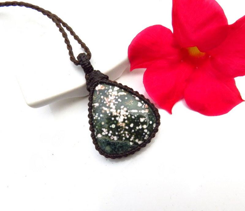 Macrame Ocean Jasper Necklace: Green, White & Pink Gemstone Pendant