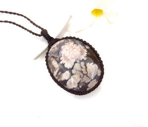 Black Flower Agate macrame necklace, valentine's day gift, for her, statement necklace, unique gift, snowflake agate, gift ideas for her