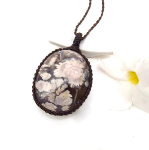 Black Flower Agate macrame necklace, valentine's day gift, for her, statement necklace, unique gift, snowflake agate, gift ideas for her