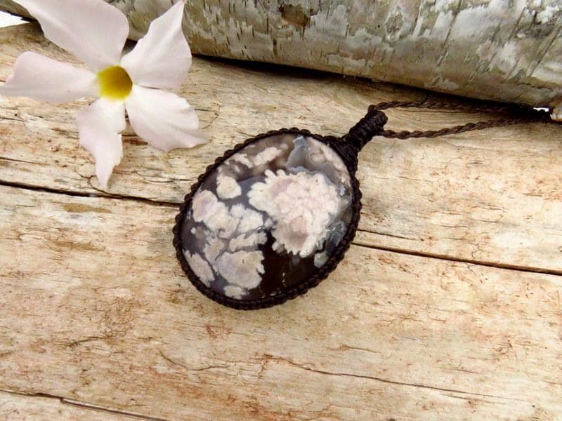 Black Flower Agate macrame necklace, valentine's day gift, for her, statement necklace, unique gift, snowflake agate, gift ideas for her