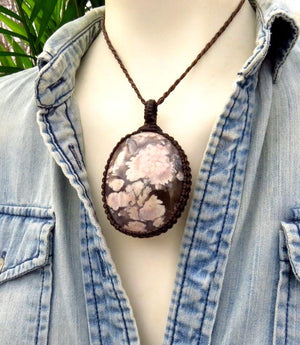 Black Flower Agate macrame necklace, valentine's day gift, for her, statement necklace, unique gift, snowflake agate, gift ideas for her