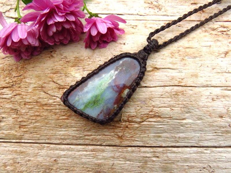 macrame necklace, rare opalized petrified wood gemstone necklace, gift for her, fathers day gift, petrified wood jewelry, etsy healing stone