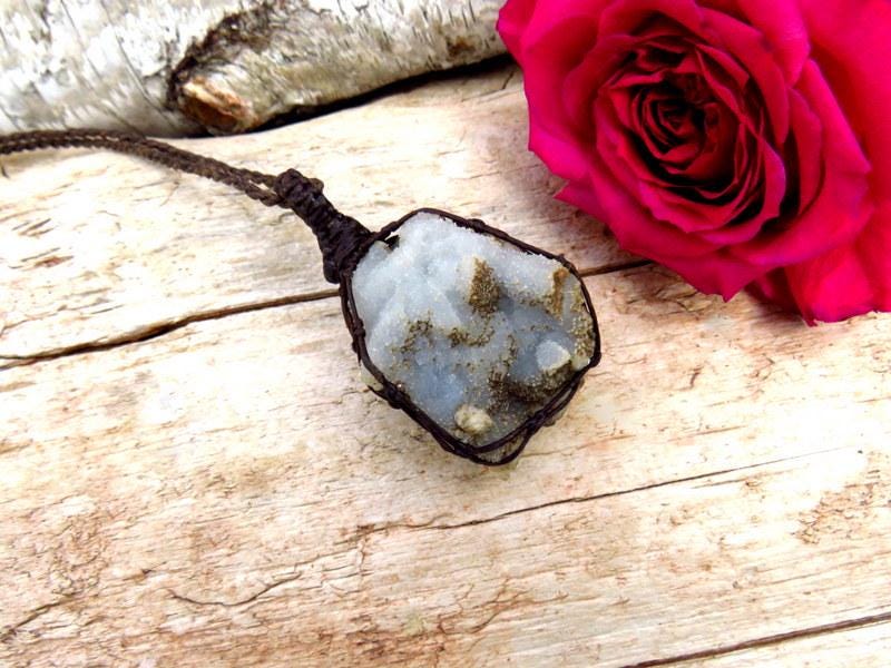 Chalcedony crystal macrame necklace, gemstone jewelry