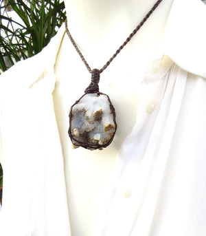 Chalcedony crystal macrame necklace, gemstone jewelry, calcite jewelry, blue chalcedony necklace, raw crystal jewelry, raw crystal pendant