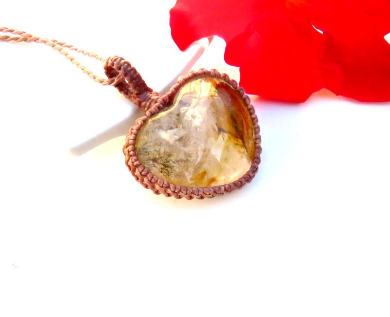Dendritic Quartz crystal macrame necklace, heart necklace