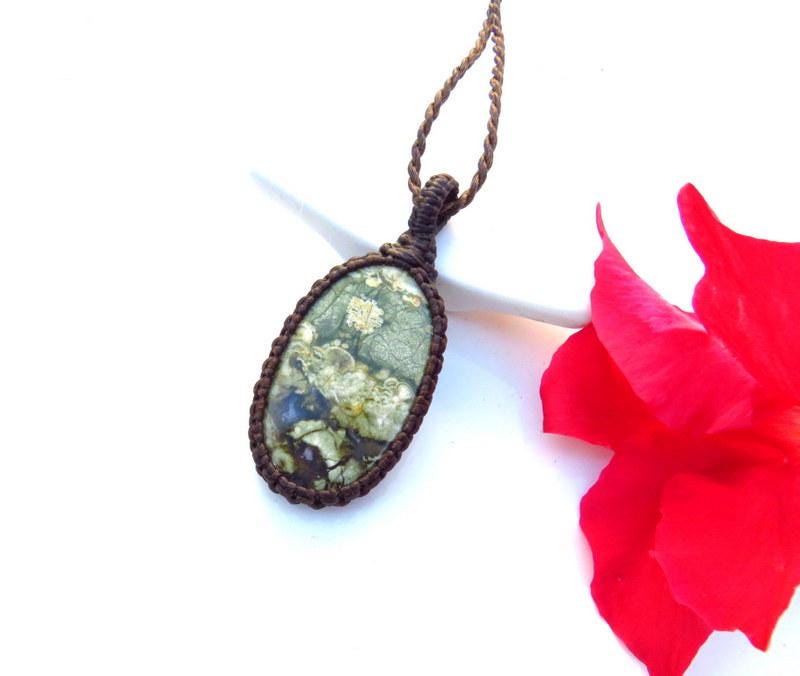 Rainforest Jasper macrame necklace, gemstone necklace, rhyolite necklace, jewelry gift ideas, for her, gift ideas for the earth lover