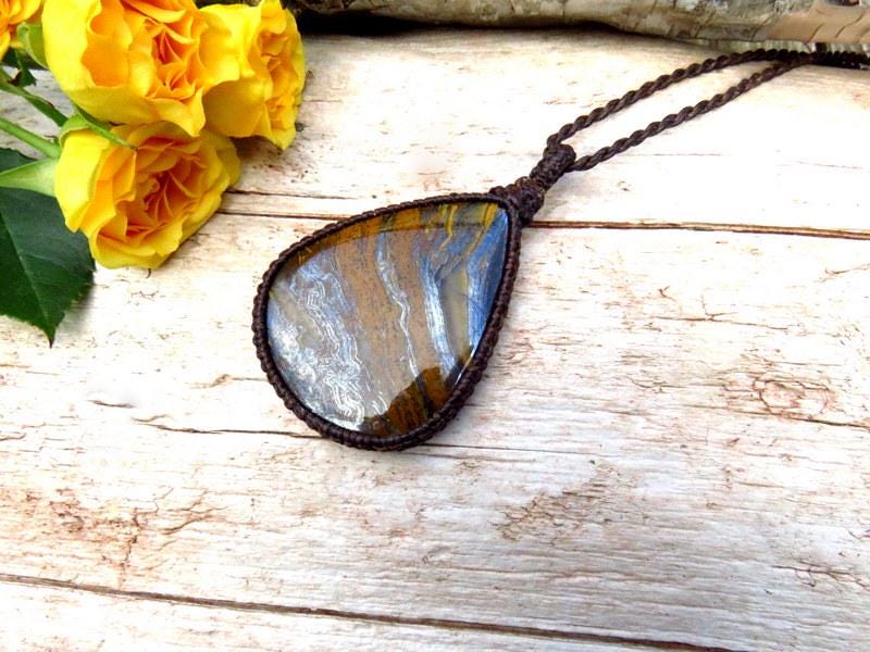 Teardrop Tiger Iron gemstone necklace, macrame necklace