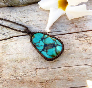 Cloud Mountain Turquoise macrame necklace, Hubei Turquoise jewelry, turquoise statement neckace, gift ideas for the boho beauty, for her