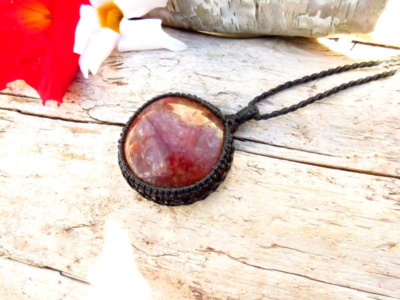 Red Fire Quartz macrame necklace, hematoid quartz