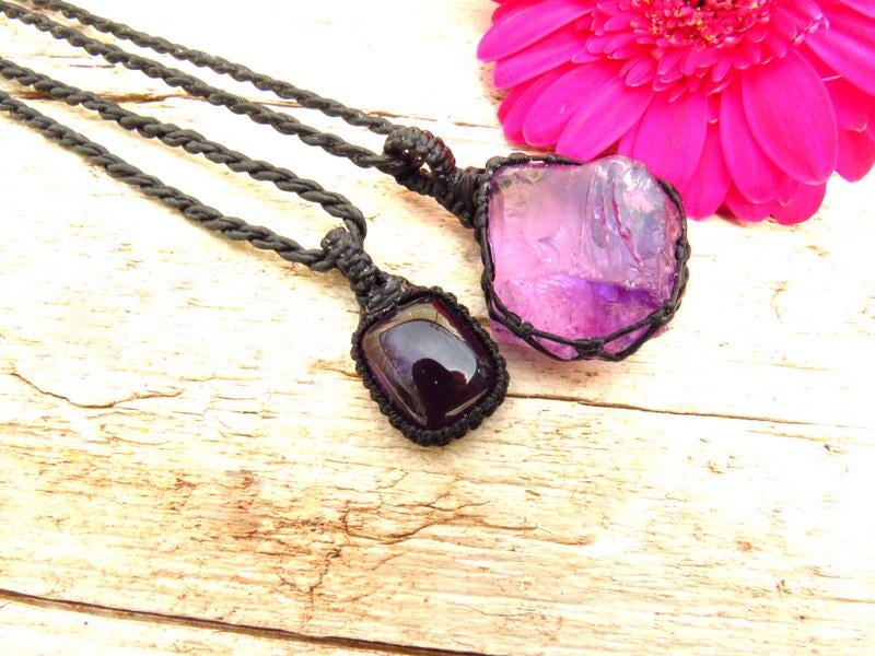Amethyst macrame necklace set, layered necklace set stacked necklace amethyst soulmate gift idea 50th birthday gift for best friend