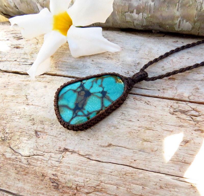 Cloud Mountain Turquoise macrame necklace, Hubei Turquoise jewelry, turquoise statement neckace, gift ideas for the boho beauty, for her