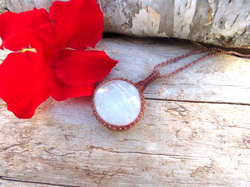 Selenite crystal necklace, gift ideas for the zen seeker, for the boho beauty, guardian angel necklace, goddess necklace, macrame necklace