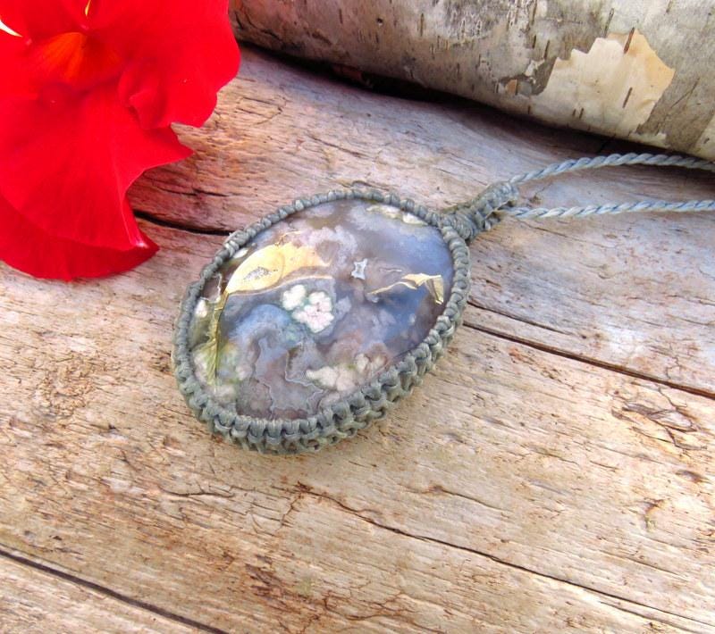 Black Flower Agate macrame necklace, statement jewelry