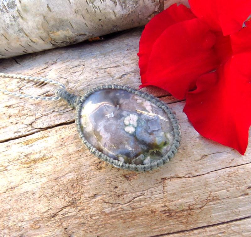 Black Flower Agate macrame necklace, statement jewelry