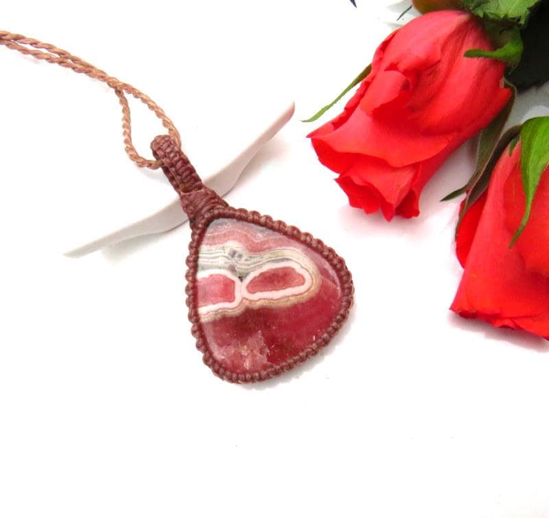 Rhodocrosite macrame necklace, heart chakra gemstone pendant