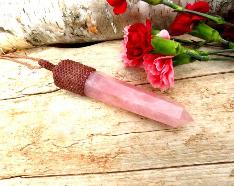 Large Rose Quartz crystal necklace, macrame necklace
