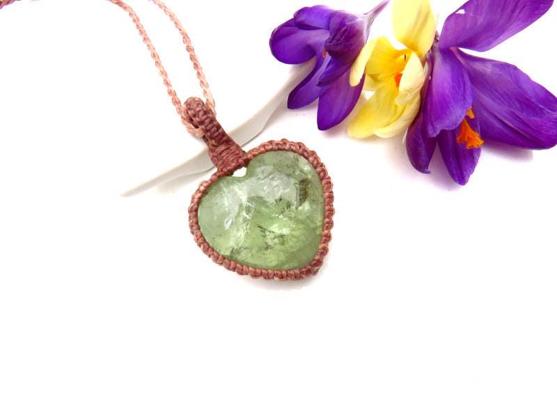 Prasolite crystal necklace, macrame necklace