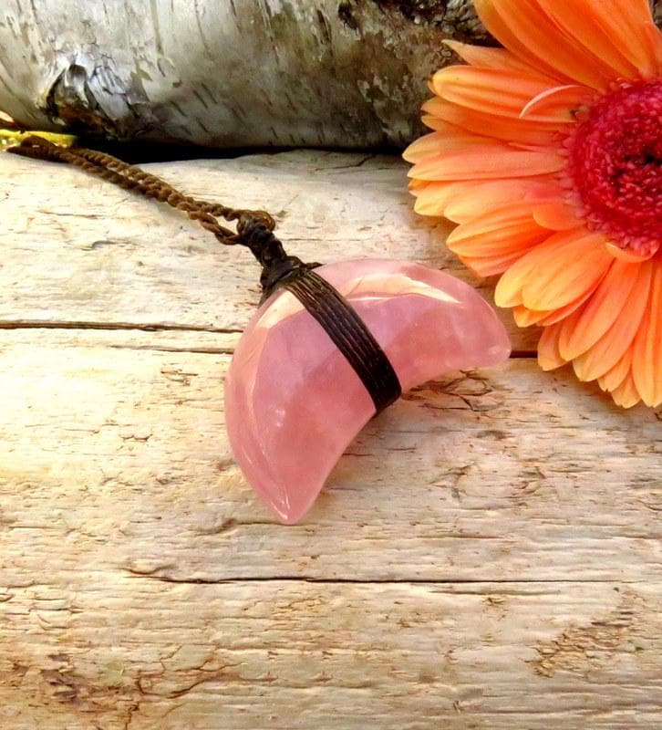 Rose Quartz moon necklace, macrame necklace