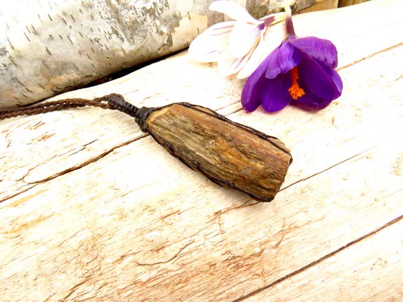 Petrified Wood macrame necklace, triassic permineralized petrified wood