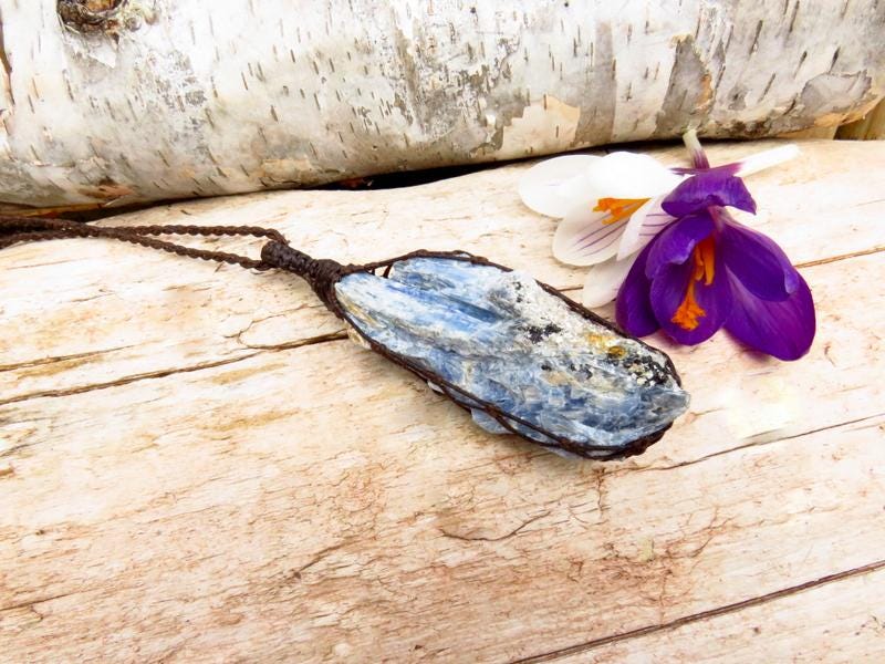Serene blue Kyanite crystal necklace, macrame necklace