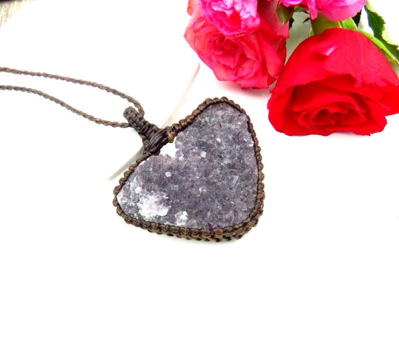 Amethyst druzy heart macrame necklace, heart pendant