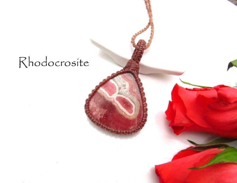 Rhodocrosite macrame necklace, heart chakra gemstone pendant