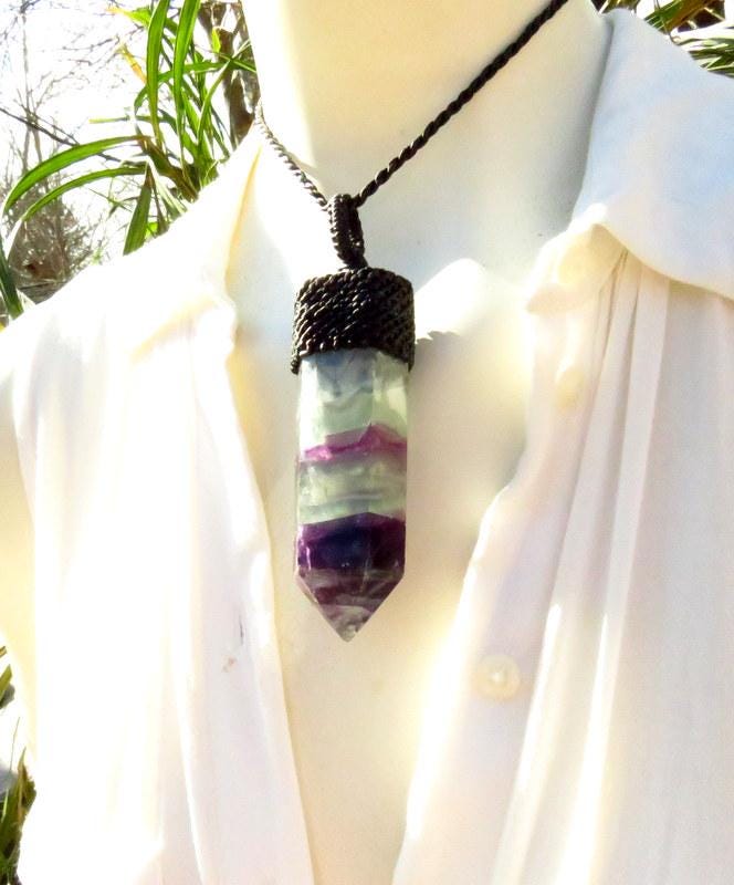 Rainbow Fluorite macrame necklace, fluorite crystal point
