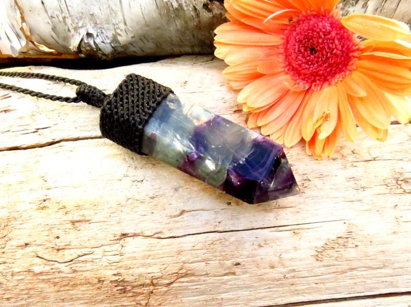 Rainbow Fluorite macrame necklace, fluorite crystal point