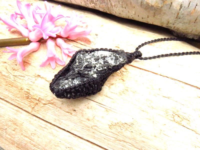 Black Tourmaline crystal macrame necklace, tourmaline crystal