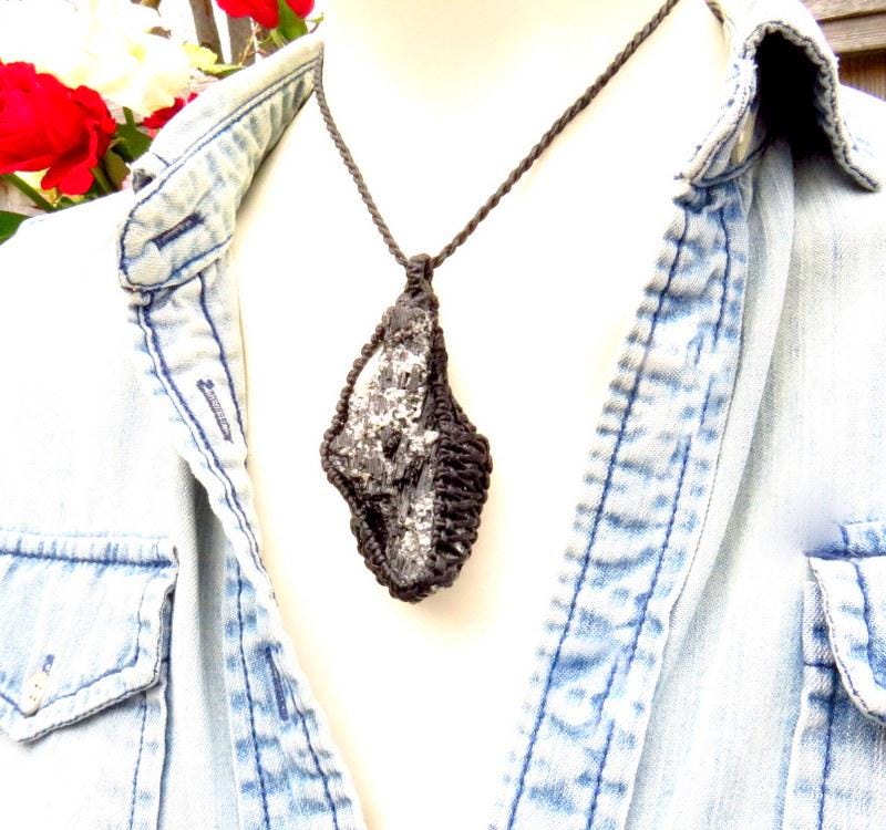 Black Tourmaline crystal macrame necklace, tourmaline crystal