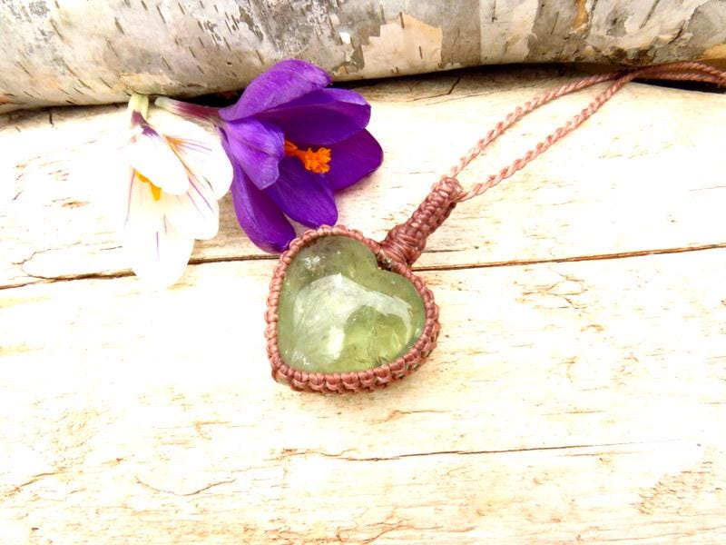 Prasolite crystal necklace, macrame necklace