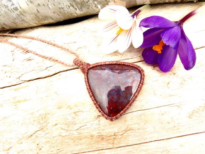 Red Plume Agate macrame necklace, gemstone jewelry