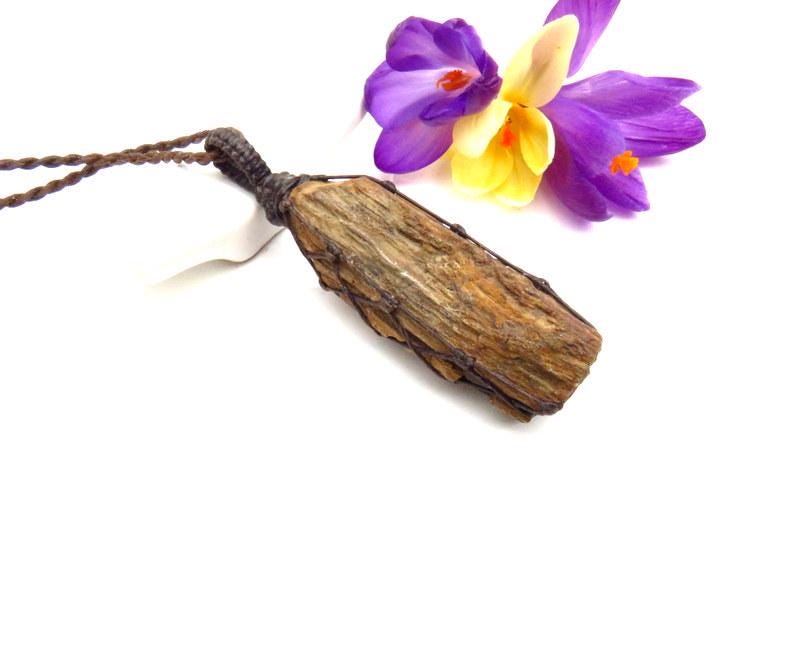 Petrified Wood macrame necklace, triassic permineralized petrified wood