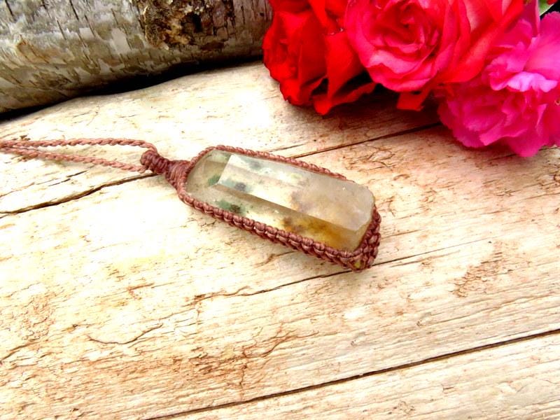 Chlorite Quartz crystal necklace, macrame necklace