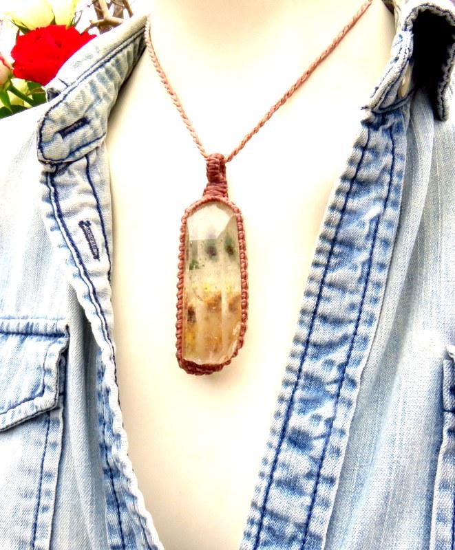 Chlorite Quartz crystal necklace, macrame necklace