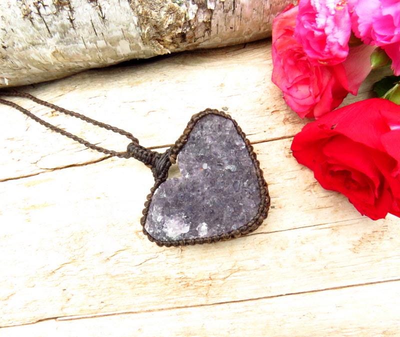 Amethyst druzy heart macrame necklace, heart pendant