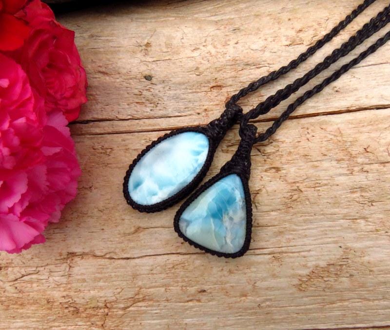 Larimar macrame necklace set, Larimar gemstone
