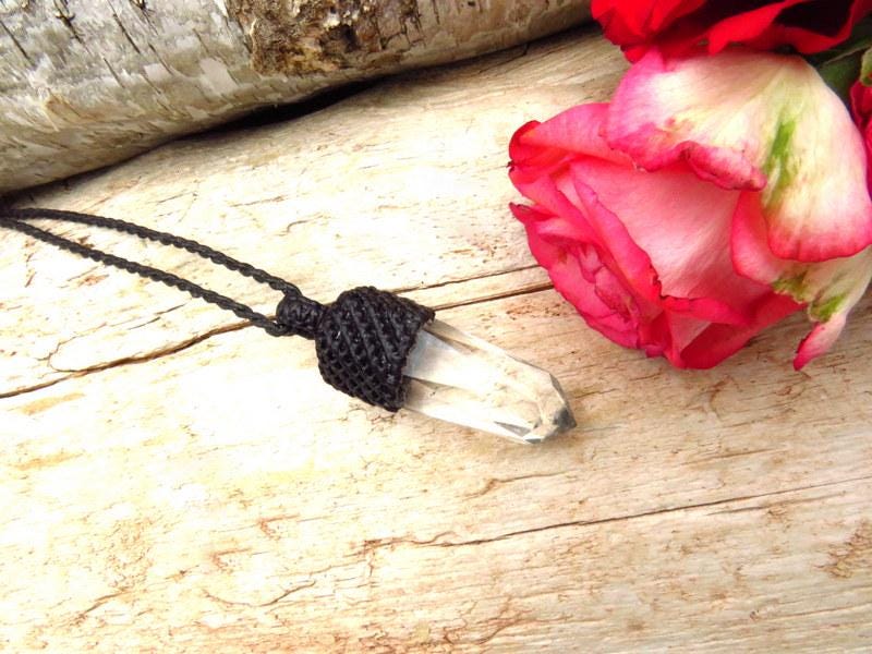 Clear Quartz Crystal Macrame Necklace: Adjustable Cord, Healing Stone