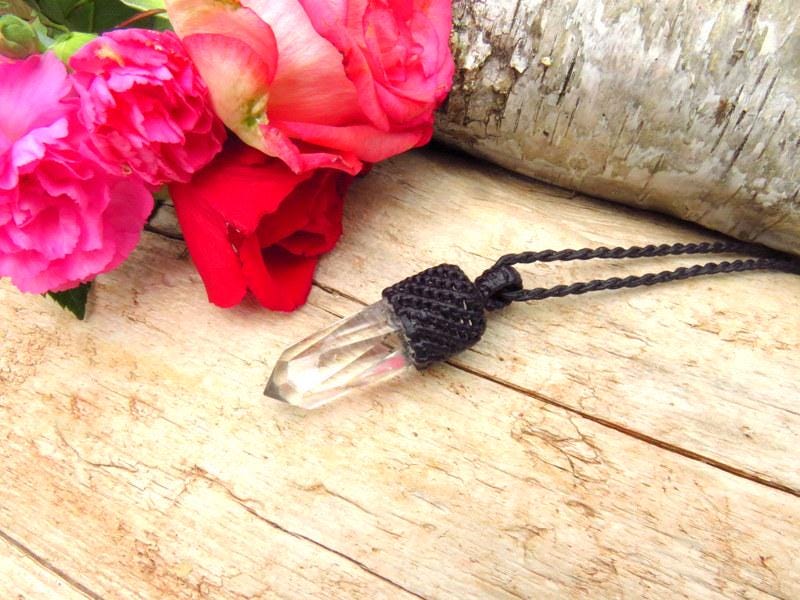 Clear Quartz Crystal Macrame Necklace: Adjustable Cord, Healing Stone