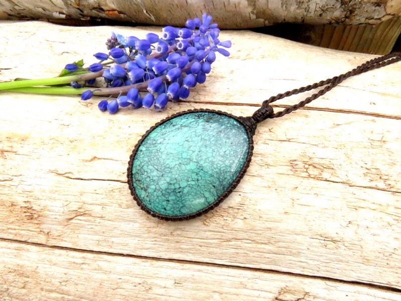 Cloud Mountain Turquoise macrame necklace, Hubei Turquoise jewelry