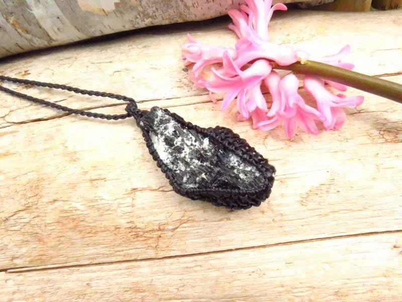Black Tourmaline crystal macrame necklace, tourmaline crystal