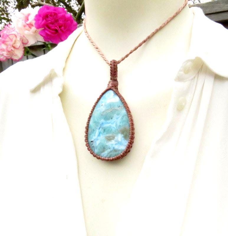 Larimar Macrame Pendant Necklace: Caribbean Blue Gemstone, Boho Summer Jewelry