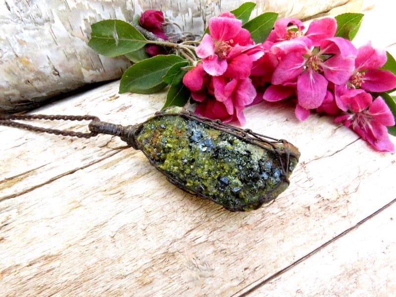 Green Andradite Garnet crystal necklace, macrame necklace