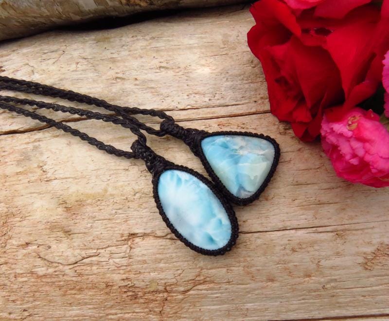 Larimar macrame necklace set, Larimar gemstone